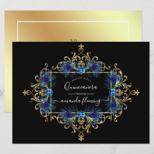 Blauw en goud vintage pauw bloemige Quinceañera Kaart