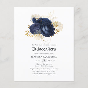 Blauw en goud vintage roos Quinceañera uitnodiging Flyer