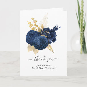 Blauw en Goud Vintage Roze Huwelijksfoto Bedankkaart