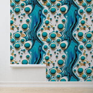 Blauw en Goud Water Cascade en Bubbels Behang