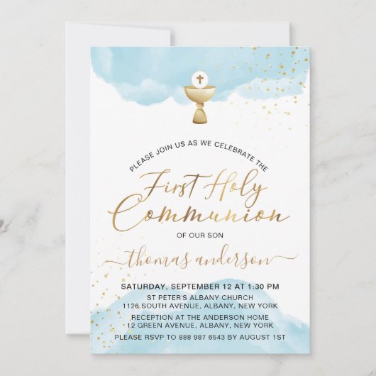 Blauw en Goud Waterverf 1e Heilige Communie Kaart (Voorkant)