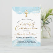 Blauw en Goud Waterverf 1e Heilige Communie Kaart (Staand voorkant)