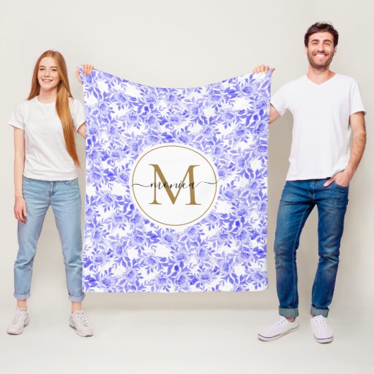 Blauw en Goud Waterverf Bloemen Monogrammed Fleece Deken (In situ)