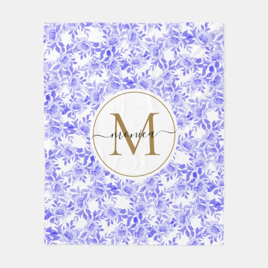 Blauw en Goud Waterverf Bloemen Monogrammed Fleece Deken (Voorkant)