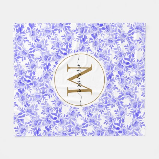 Blauw en Goud Waterverf Bloemen Monogrammed Fleece Deken (Voorkant (Horizontaal))