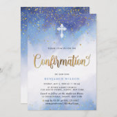 Blauw en Goud Waterverf Boy bevestiging Kaart (Voorkant / Achterkant)