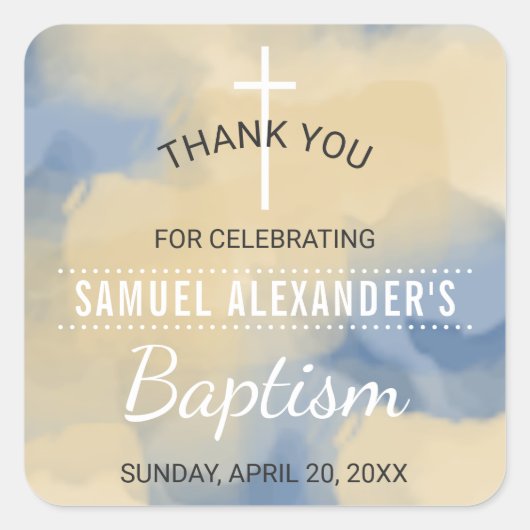 Blauw en Goud Waterverf Jongen Doop Dank U Vierkante Sticker (Voorkant)