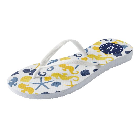 Blauw en Goud Zeepaardpatroon Monogram Teenslippers (Schuin)