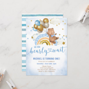 Blauw en gouden ballon Teddybeer verjaardagsfeestj Kaart
