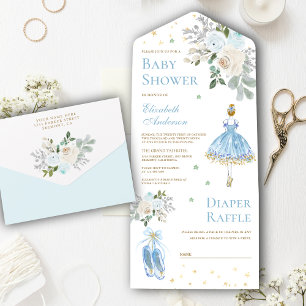 Blauw en Gouden Bloemige Ballerina Baby Shower All In One Uitnodiging