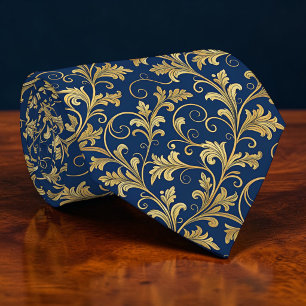 Blauw en gouden bloemmotief op maat gemaakte strop stropdas