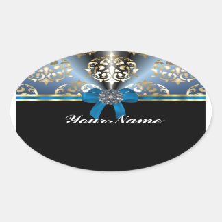 Blauw en gouden damast ovale sticker