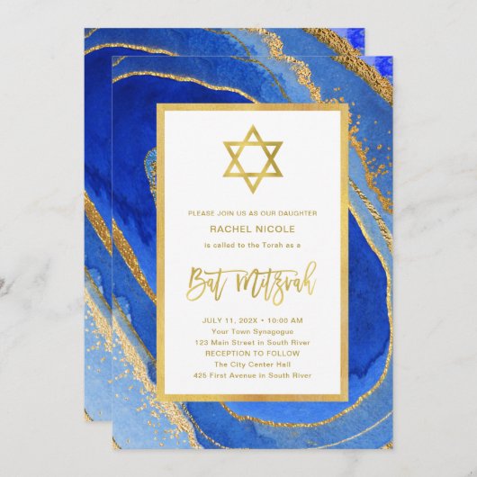 Blauw en gouden geode | Ster van David Bat Mitzvah Kaart (Voorkant / Achterkant)