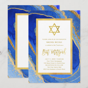 Blauw en gouden geode   Ster van David Bat Mitzvah Kaart