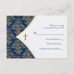 Blauw en gouden kruis Doop RSVP Kaartje