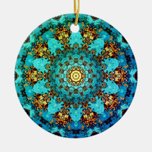 Blauw en gouden mandala-achtig patroon keramisch ornament (Voorkant)