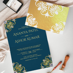 Blauw en gouden mandala Indiase trouwuitnodiging Folie Kaarten