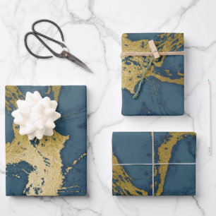 Blauw en gouden marmer  inpakpapier vel