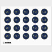 Blauw en Gouden Monogram Envelopzegel Ronde Sticker (Vel)