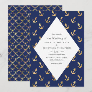 Blauw en gouden Nautical Wedding Kaart