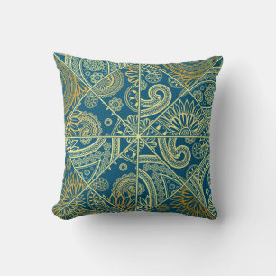 Blauw en Gouden Paisley Kaleidoscoop Kussen