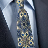 Blauw en gouden pauwenveren geometrisch patroon stropdas