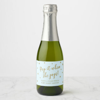 Blauw en gouden sterren Pop het wanneer ze Baby sh Sparkling Wijnetiket