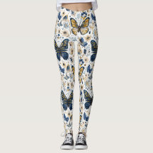Blauw en gouden vlinder bloemige damesleggings