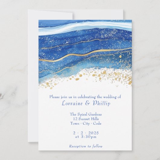 Blauw en Gouden Waterverf Bruiloft Kaart (Voorkant)