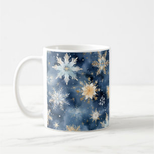 Blauw en gouden waterverf sneeuwvlok koffiemok