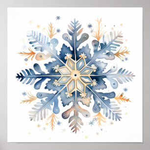 Blauw en gouden waterverf sneeuwvlok print
