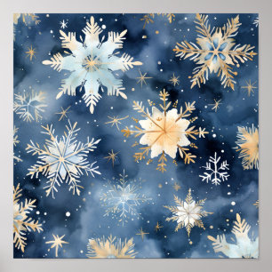 Blauw en gouden waterverf sneeuwvlok print