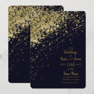 Blauw en goudglamour Verf Splatter Modern Wedding Kaart