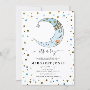 Blauw en goudglitter Confetti Moon Baby shower Kaart
