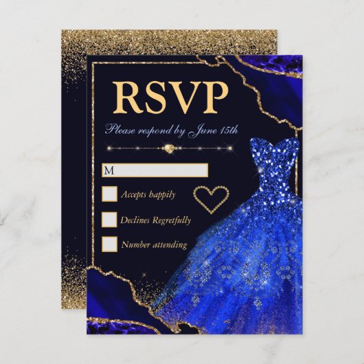 Blauw- en goudglittergewas en dresse zweet-zestien RSVP kaartje (Voorkant / Achterkant)