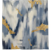 Blauw en goudkleurig Abstract Ikat Patroon Douchegordijn (Voorkant)