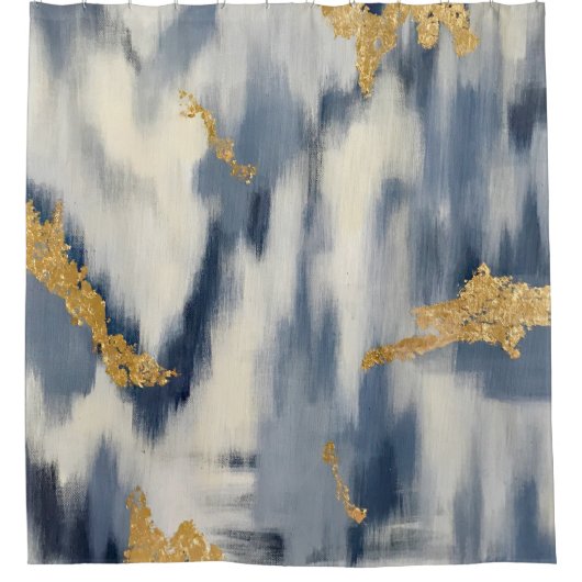 Blauw en goudkleurig Abstract Ikat Patroon Douchegordijn (Voorkant)