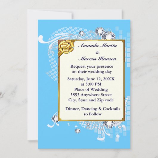 Blauw en goudLijst en diamanten Afbeelding huwelij Kaart (Voorkant)