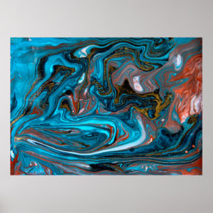 Blauw en goudmarmerpatroon. Golden marmer liqu Poster