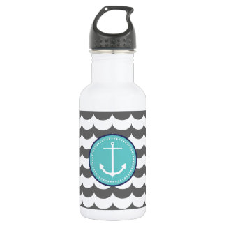 Blauw en grijs anker met golfpatroon waterfles 