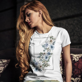  Blauw en grijs Bloeiende bloemen waterverf T-shirt