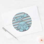 Blauw en Grijs Chevron Baby Olifant Ronde Sticker (Envelop)