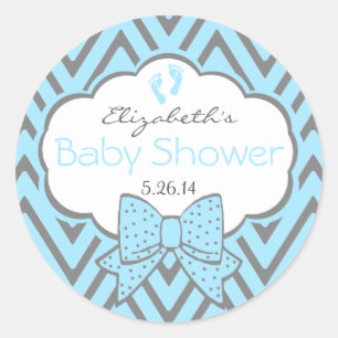 Blauw en grijs Chevron-Baby shower Ronde Sticker