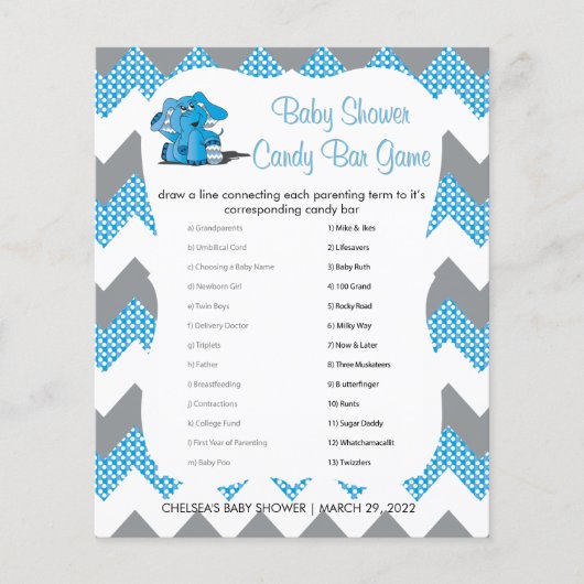 Blauw en grijs Chevron Elephant Baby shower | Spel Flyer (Voorkant)