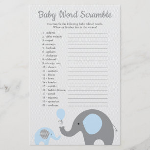 Blauw en grijs Elephant Baby shower Word Scramble Flyer