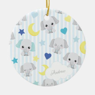 Blauw en grijs ellephant Pattern Baby Boy Kerstmis Keramisch Ornament