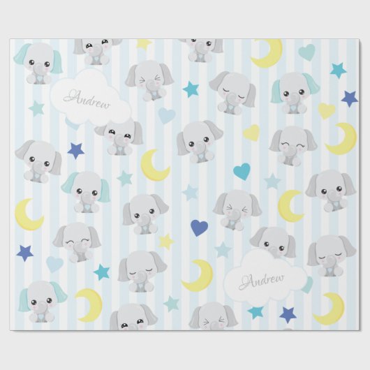 Blauw en grijs ellephant Pattern Baby Striped Cadeaupapier (Vlak)