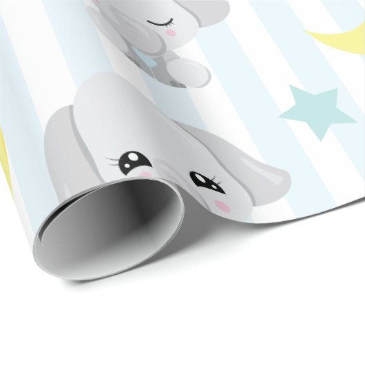 Blauw en grijs ellephant Pattern Baby Striped Cadeaupapier (Rol Hoek)