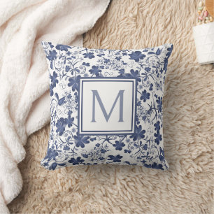 Blauw en Grijs Floral Monogram Kussen
