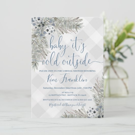 Blauw en grijs Plaid Winter Vrijgezellenfeest Invi Kaart (Staand voorkant)